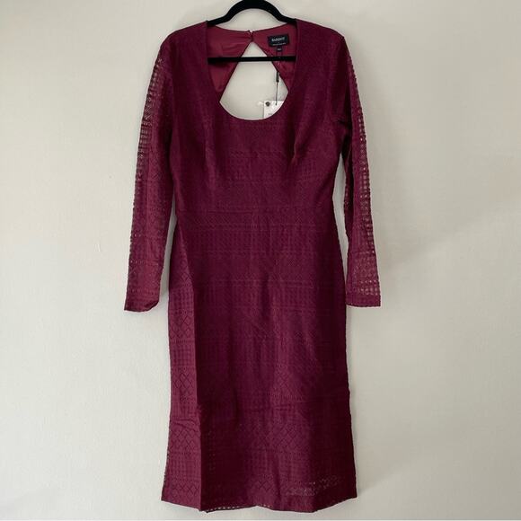 Bardot Revolve Marion Lace Dress Long Sleeve Knee Length Open Back Slit Maroon 8 - Picture 5 of 12